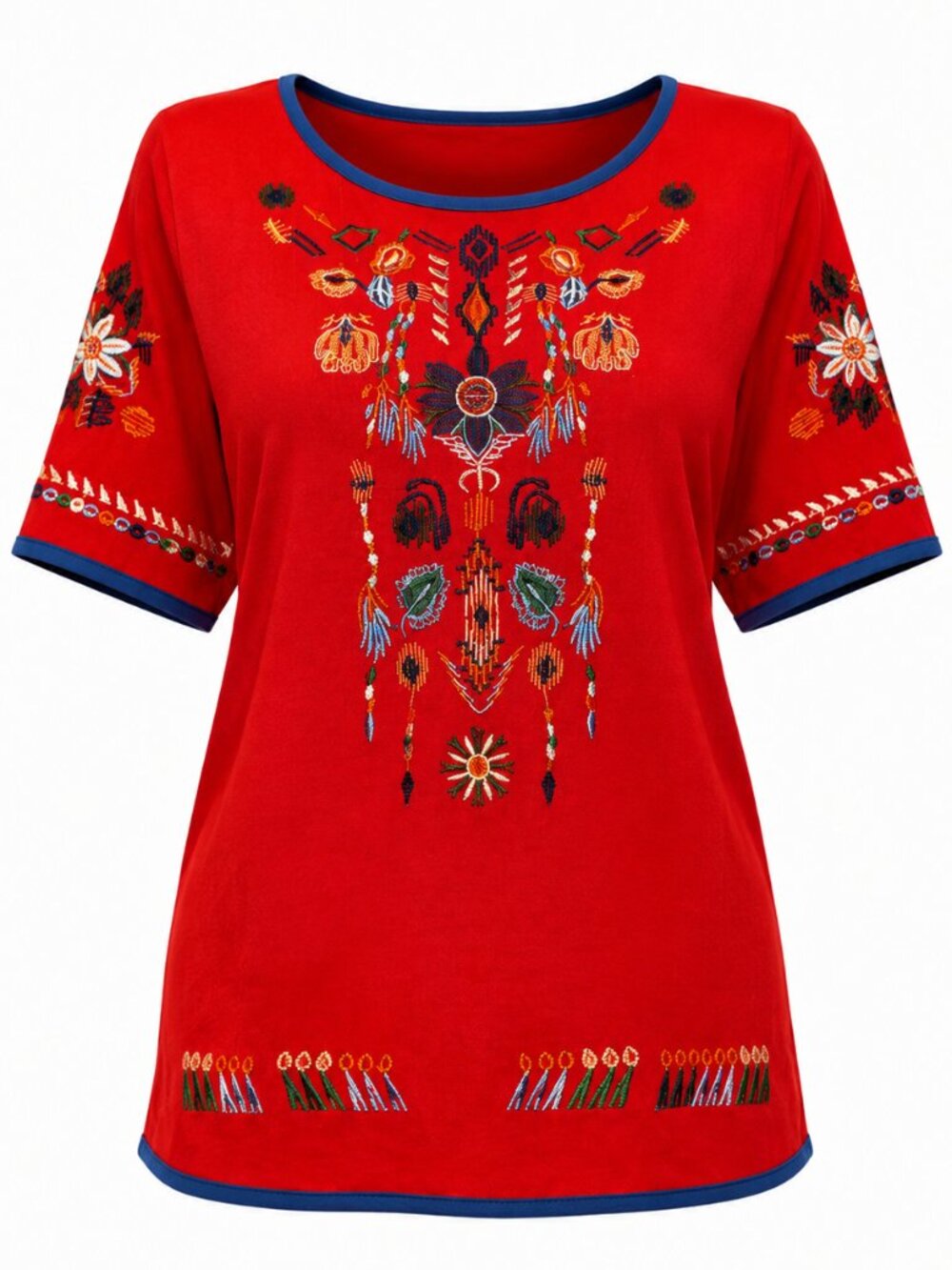 Women's Red Embroidered Cotton Blouse Boho New | 150